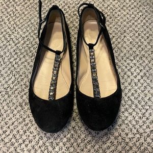 Jcrew collection jeweled rhinestone t-strap black flat size 7 1/2